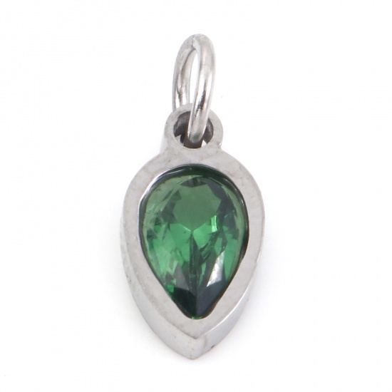 Picture of 304 Stainless Steel Charms Silver Tone Drop Emerald Cubic Zirconia 13mm x 5.5mm, 1 Piece