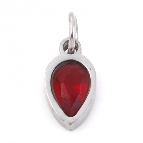 Picture of 304 Stainless Steel Charms Silver Tone Drop Red Cubic Zirconia 13mm x 5.5mm, 1 Piece