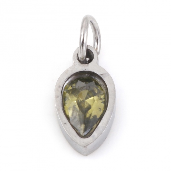 Picture of 304 Stainless Steel Charms Silver Tone Drop Olive Green Cubic Zirconia 13mm x 5.5mm, 1 Piece