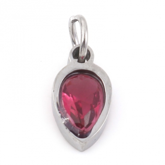 Picture of 304 Stainless Steel Charms Silver Tone Drop Fuchsia Cubic Zirconia 13mm x 5.5mm, 1 Piece