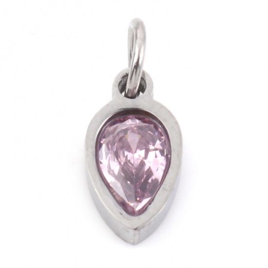 Picture of 304 Stainless Steel Charms Silver Tone Drop Light Pink Cubic Zirconia 13mm x 5.5mm, 1 Piece