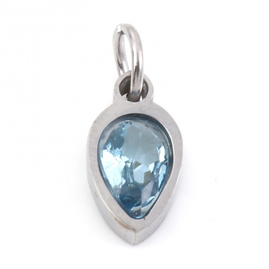 Picture of 304 Stainless Steel Charms Silver Tone Drop Light Blue Cubic Zirconia 13mm x 5.5mm, 1 Piece