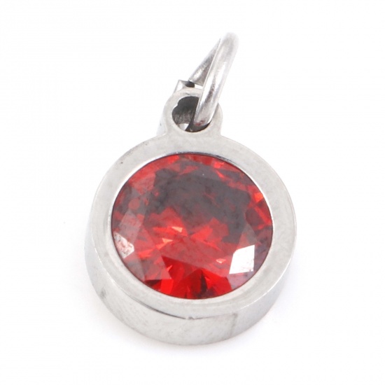 Picture of 304 Stainless Steel Charms Silver Tone Round Red Brown Cubic Zirconia 13mm x 8mm, 1 Piece