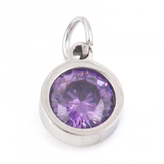 Picture of 304 Stainless Steel Charms Silver Tone Round Purple Cubic Zirconia 13mm x 8mm, 1 Piece