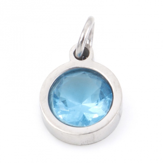 Picture of 304 Stainless Steel Charms Silver Tone Round Skyblue Cubic Zirconia 13mm x 8mm, 1 Piece