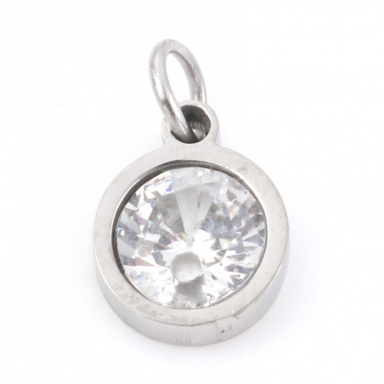 Picture of 304 Stainless Steel Charms Silver Tone Round Clear Cubic Zirconia 13mm x 8mm, 1 Piece