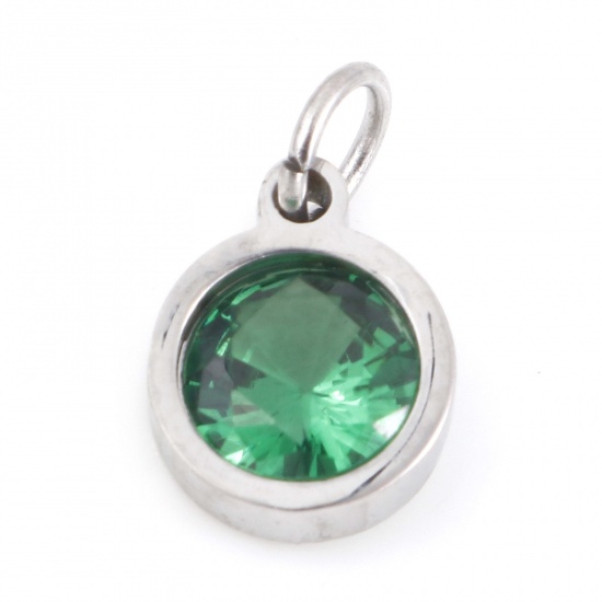 Picture of 304 Stainless Steel Charms Silver Tone Round Emerald Cubic Zirconia 13mm x 8mm, 1 Piece