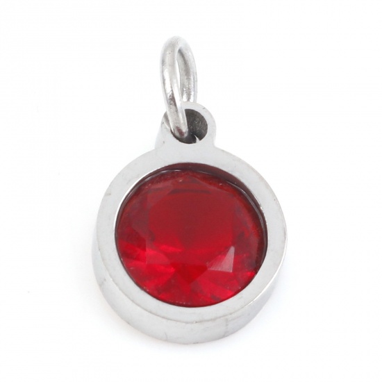 Picture of 304 Stainless Steel Charms Silver Tone Round Red Cubic Zirconia 13mm x 8mm, 1 Piece
