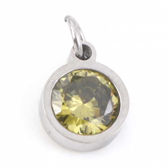 Picture of 304 Stainless Steel Charms Silver Tone Round Olive Green Cubic Zirconia 13mm x 8mm, 1 Piece