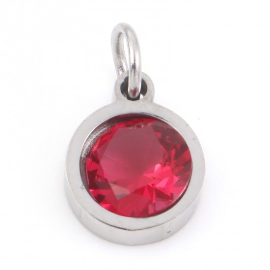 Picture of 304 Stainless Steel Charms Silver Tone Round Fuchsia Cubic Zirconia 13mm x 8mm, 1 Piece