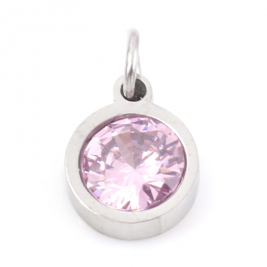 Picture of 304 Stainless Steel Charms Silver Tone Round Light Pink Cubic Zirconia 13mm x 8mm, 1 Piece