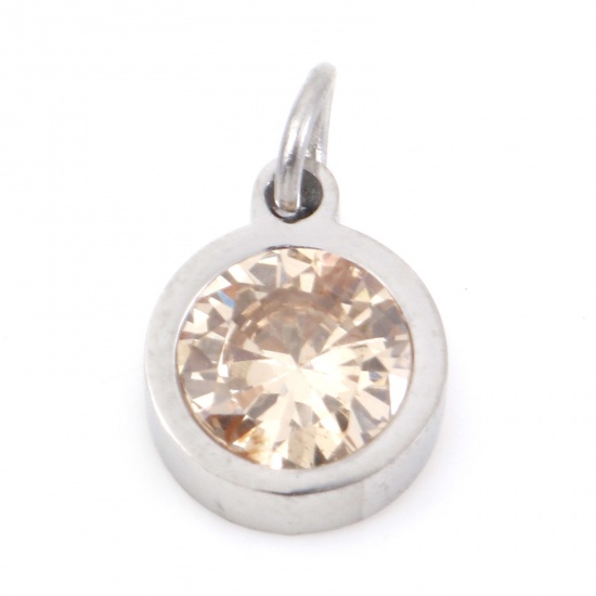 Picture of 304 Stainless Steel Charms Silver Tone Round Champagne Cubic Zirconia 13mm x 8mm, 1 Piece