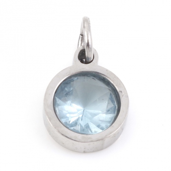 Picture of 304 Stainless Steel Charms Silver Tone Round Light Blue Cubic Zirconia 13mm x 8mm, 1 Piece