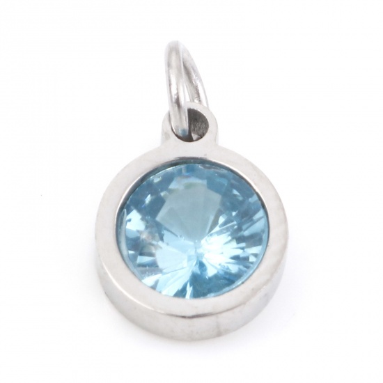 Picture of 304 Stainless Steel Charms Silver Tone Round Aqua Blue Cubic Zirconia 13mm x 8mm, 1 Piece