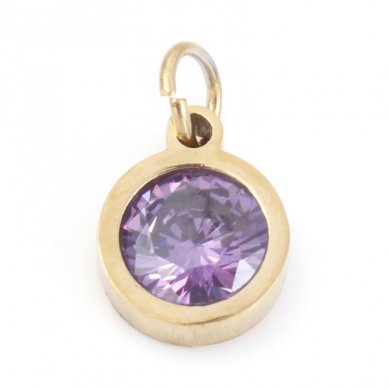 Picture of 304 Stainless Steel Charms Gold Plated Round Purple Cubic Zirconia 13mm x 8mm, 1 Piece