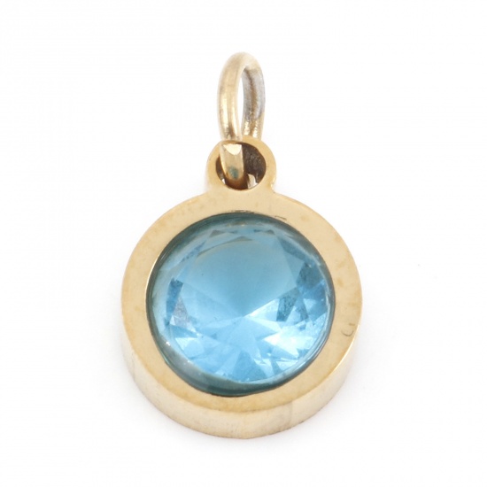 Picture of 304 Stainless Steel Charms Gold Plated Round Skyblue Cubic Zirconia 13mm x 8mm, 1 Piece