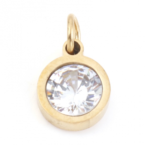 Picture of 304 Stainless Steel Charms Gold Plated Round Clear Cubic Zirconia 13mm x 8mm, 1 Piece