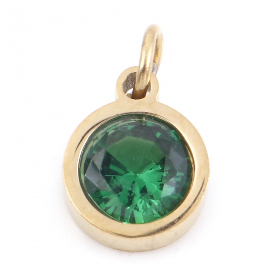 Picture of 304 Stainless Steel Charms Gold Plated Round Emerald Cubic Zirconia 13mm x 8mm, 1 Piece