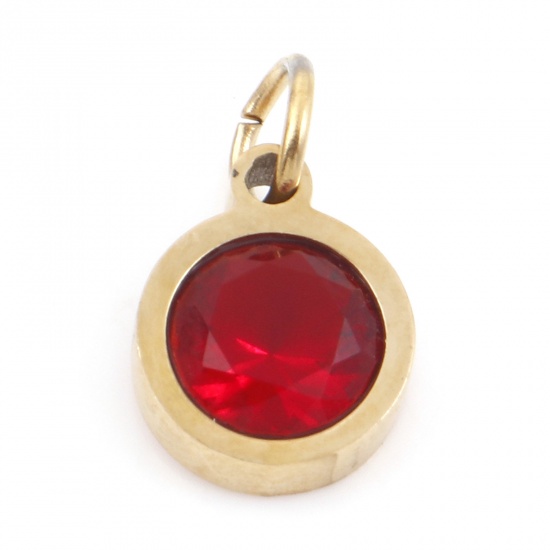 Picture of 304 Stainless Steel Charms Gold Plated Round Red Cubic Zirconia 13mm x 8mm, 1 Piece