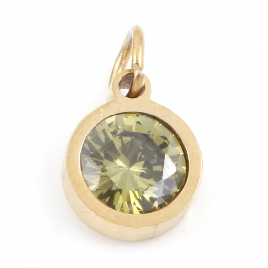 Picture of 304 Stainless Steel Charms Gold Plated Round Olive Green Cubic Zirconia 13mm x 8mm, 1 Piece