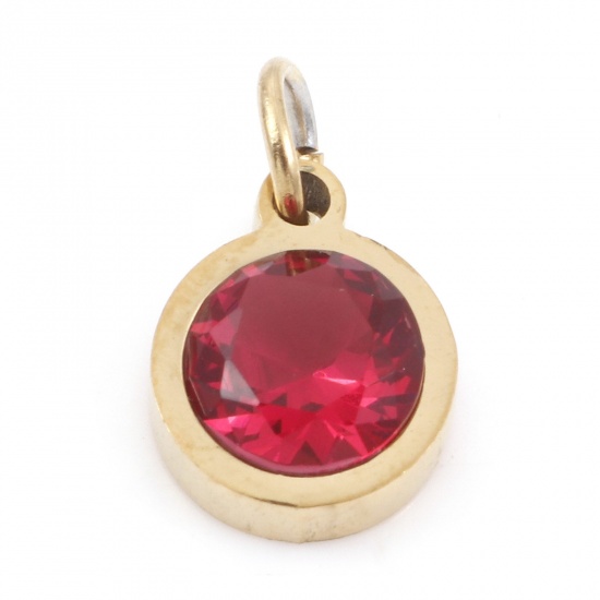 Picture of 304 Stainless Steel Charms Gold Plated Round Fuchsia Cubic Zirconia 13mm x 8mm, 1 Piece
