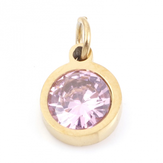 Picture of 304 Stainless Steel Charms Gold Plated Round Light Pink Cubic Zirconia 13mm x 8mm, 1 Piece