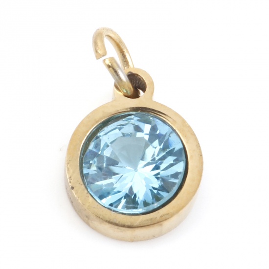 Picture of 304 Stainless Steel Charms Gold Plated Round Aqua Blue Cubic Zirconia 13mm x 8mm, 1 Piece