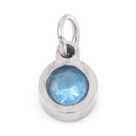 Picture of 304 Stainless Steel Charms Gold Plated Round Skyblue Cubic Zirconia 11mm x 6mm, 1 Piece