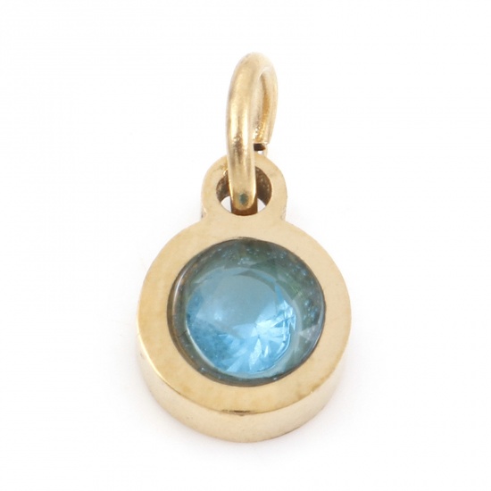 Picture of 304 Stainless Steel Charms Gold Plated Round Blue Cubic Zirconia 11mm x 6mm, 1 Piece