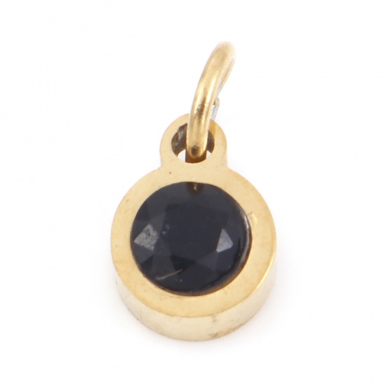 Picture of 304 Stainless Steel Charms Gold Plated Round Black Cubic Zirconia 11mm x 6mm, 1 Piece