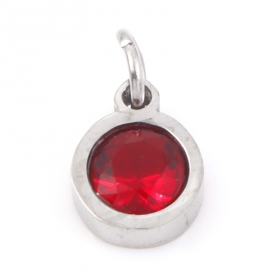 Picture of 304 Stainless Steel Charms Silver Tone Round Red Cubic Zirconia 12mm x 7mm, 1 Piece