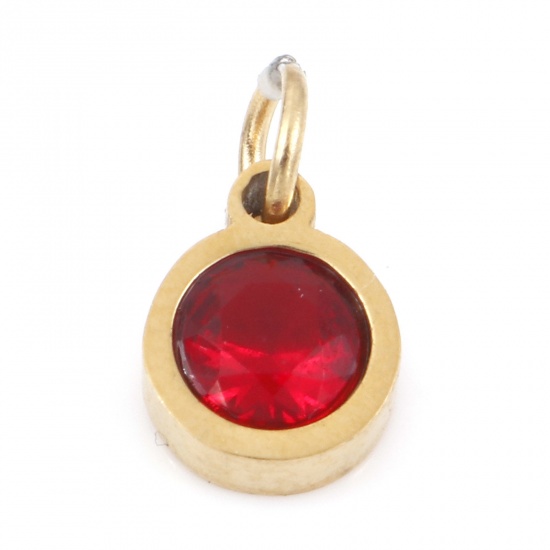 Picture of 304 Stainless Steel Charms Gold Plated Round Red Cubic Zirconia 12mm x 7mm, 1 Piece