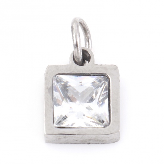 Picture of 304 Stainless Steel Charms Silver Tone Round Clear Cubic Zirconia 12mm x 7mm, 1 Piece