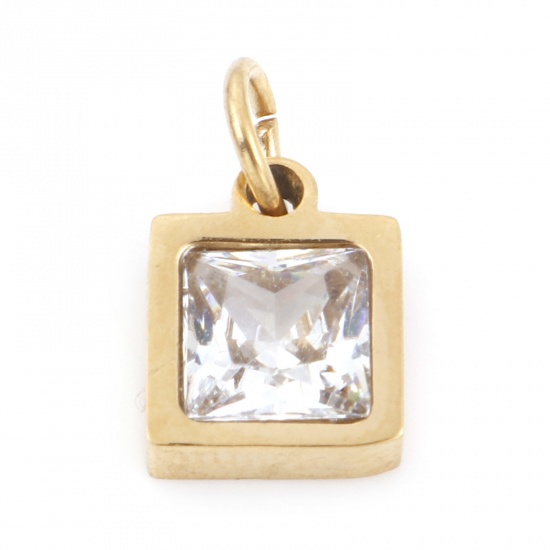 Picture of 304 Stainless Steel Charms Gold Plated Square Clear Cubic Zirconia 12mm x 7mm, 1 Piece