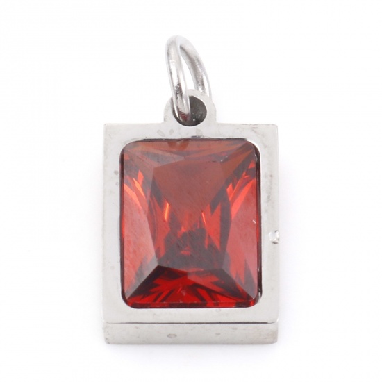 Picture of 304 Stainless Steel Charms Silver Tone Rectangle Red Brown Cubic Zirconia 15mm x 8mm, 1 Piece