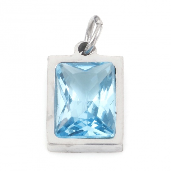 Picture of 304 Stainless Steel Charms Silver Tone Rectangle Skyblue Cubic Zirconia 15mm x 8mm, 1 Piece
