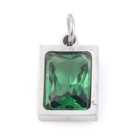 Immagine di 304 Acciaio Inossidabile Charms Rettangolo Tono Argento Smeraldo Cubic Zirconiae 15mm x 8mm, 1 Pz
