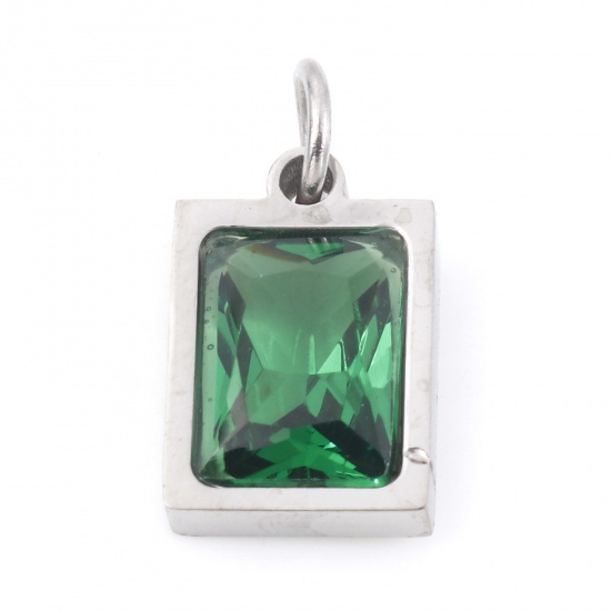 Picture of 304 Stainless Steel Charms Silver Tone Rectangle Emerald Cubic Zirconia 15mm x 8mm, 1 Piece
