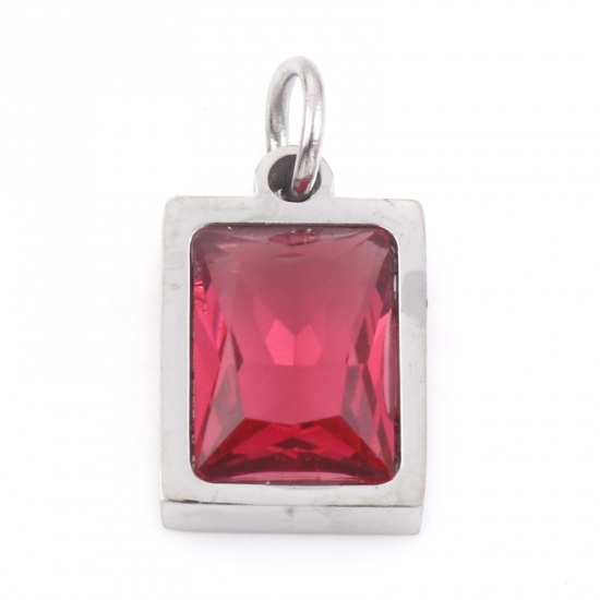 Picture of 304 Stainless Steel Charms Silver Tone Rectangle Fuchsia Cubic Zirconia 15mm x 8mm, 1 Piece