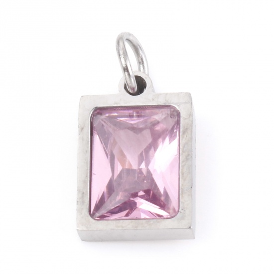 Picture of 304 Stainless Steel Charms Silver Tone Rectangle Light Pink Cubic Zirconia 15mm x 8mm, 1 Piece