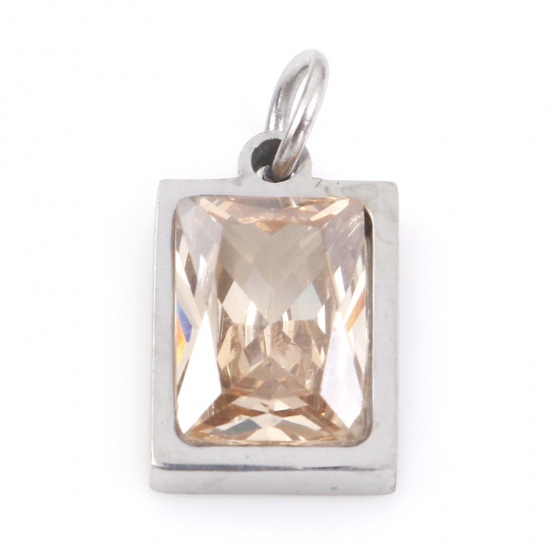 Picture of 304 Stainless Steel Charms Silver Tone Rectangle Champagne Cubic Zirconia 15mm x 8mm, 1 Piece