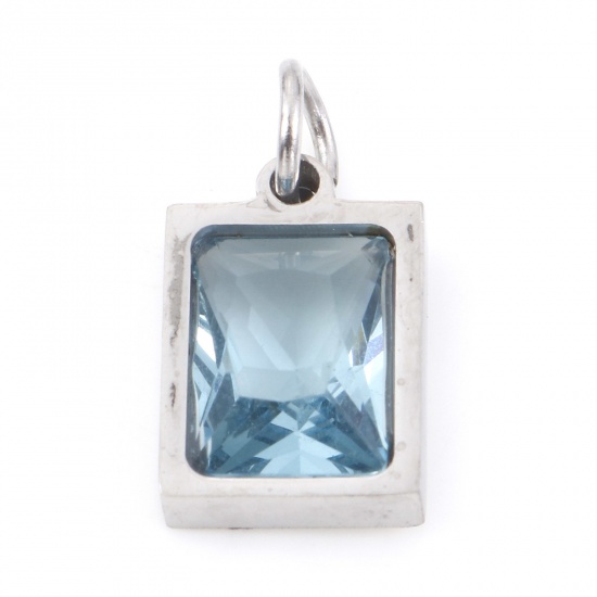Picture of 304 Stainless Steel Charms Silver Tone Rectangle Light Blue Cubic Zirconia 15mm x 8mm, 1 Piece