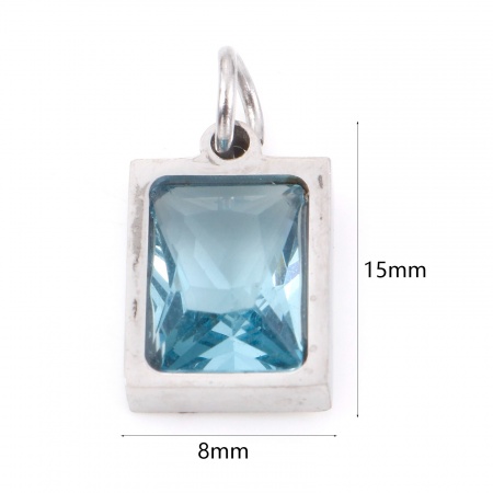 Immagine di 304 Acciaio Inossidabile Charms Rettangolo Tono Argento Blu Pallido Cubic Zirconiae 15mm x 8mm, 1 Pz