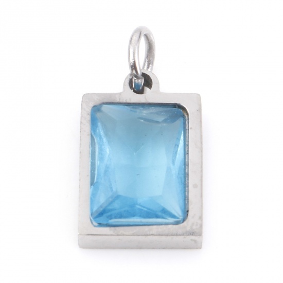 Picture of 304 Stainless Steel Charms Silver Tone Rectangle Aqua Blue Cubic Zirconia 15mm x 8mm, 1 Piece