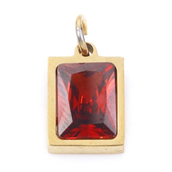 Picture of 304 Stainless Steel Charms Gold Plated Rectangle Red Brown Cubic Zirconia 15mm x 8mm, 1 Piece