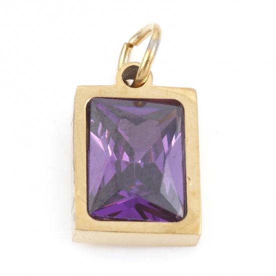 Picture of 304 Stainless Steel Charms Gold Plated Rectangle Purple Cubic Zirconia 15mm x 8mm, 1 Piece