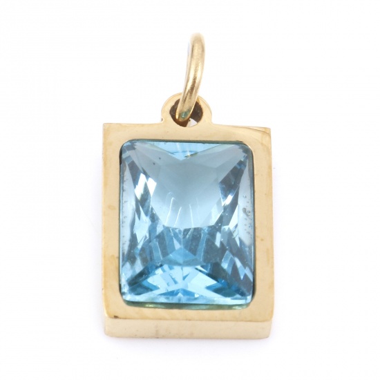 Picture of 304 Stainless Steel Charms Gold Plated Rectangle Skyblue Cubic Zirconia 15mm x 8mm, 1 Piece