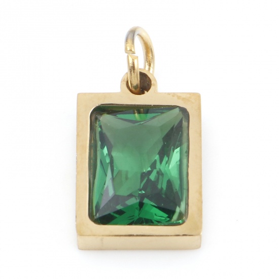 Picture of 304 Stainless Steel Charms Gold Plated Rectangle Emerald Cubic Zirconia 15mm x 8mm, 1 Piece
