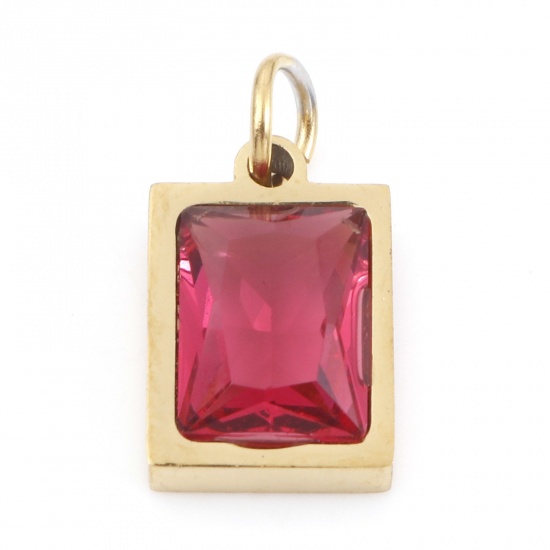 Picture of 304 Stainless Steel Charms Gold Plated Rectangle Fuchsia Cubic Zirconia 15mm x 8mm, 1 Piece
