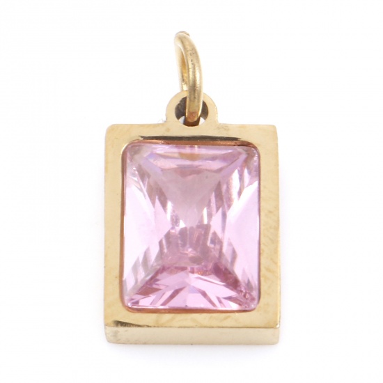 Picture of 304 Stainless Steel Charms Gold Plated Rectangle Light Pink Cubic Zirconia 15mm x 8mm, 1 Piece